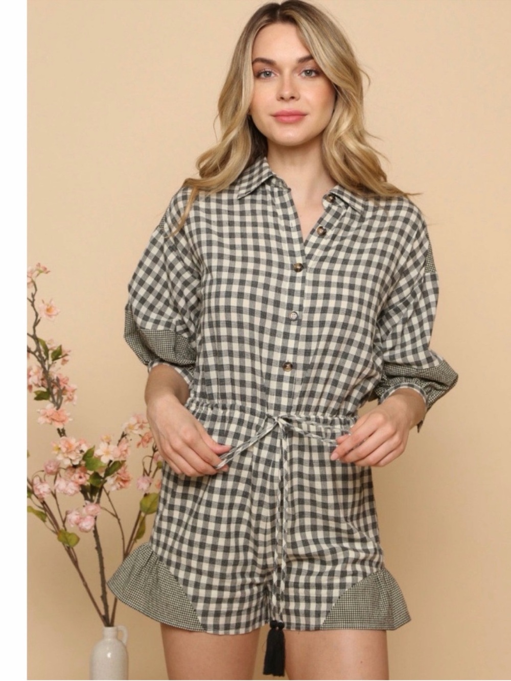 Peach Love Plaid Gingham Romper Puff Sleeve Ruffle Hem Drawstring Waist Small